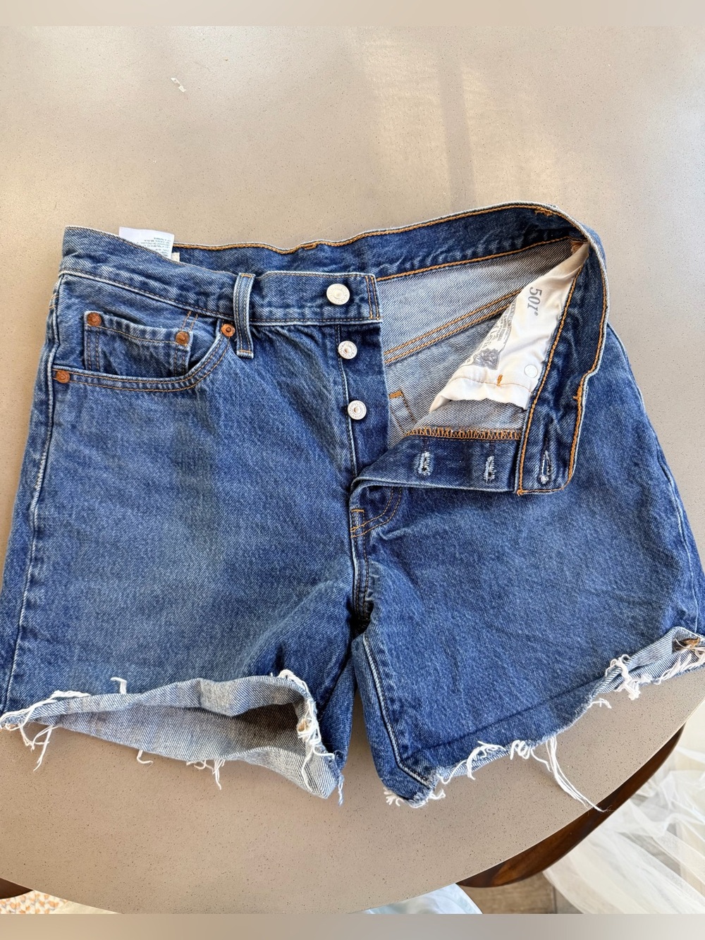 Levi's W28, 501s Dark Blue Distressed Denim Button-Fly Shorts